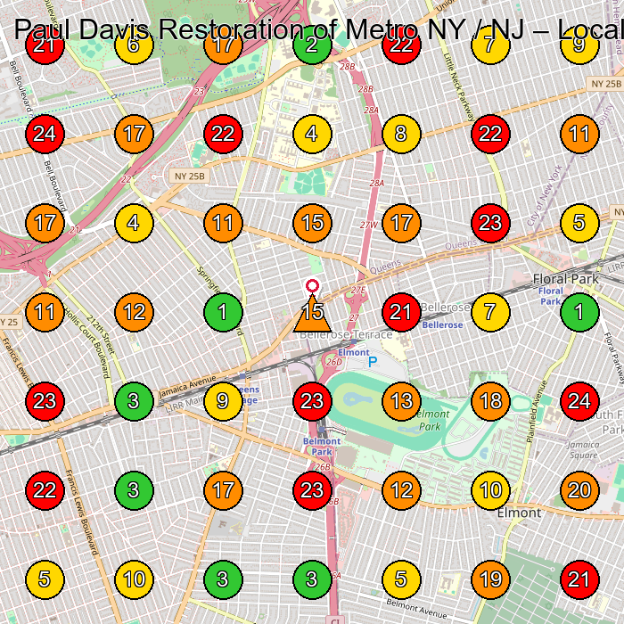Paul Davis Restoration of Metro NY / NJ Water Damage Restoration Service GeoGrid ranking map for Queens NY